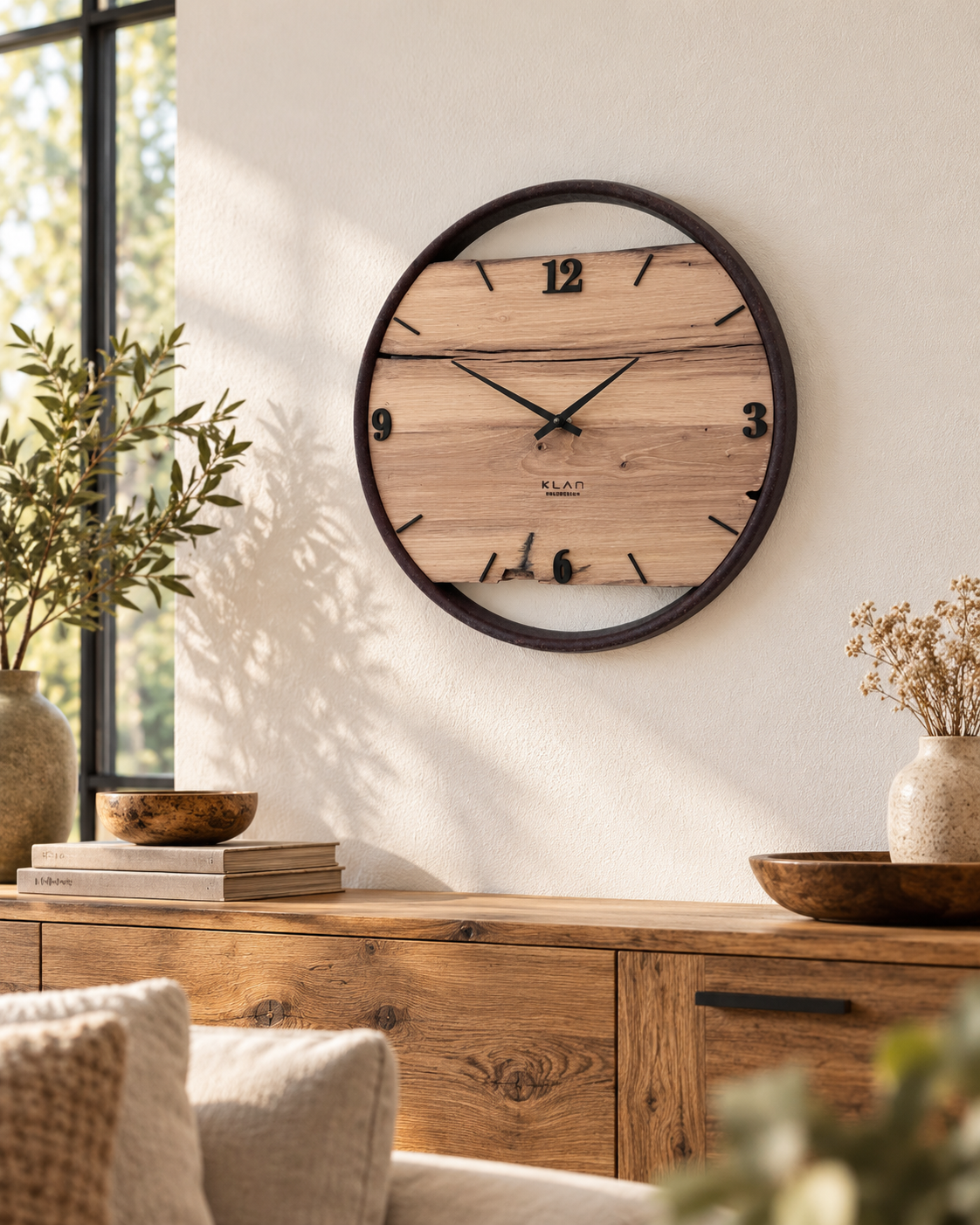 Handgefertigte Wanduhr aus Eiche 40 cm mit Rost Look Ring im Wohnzimmer