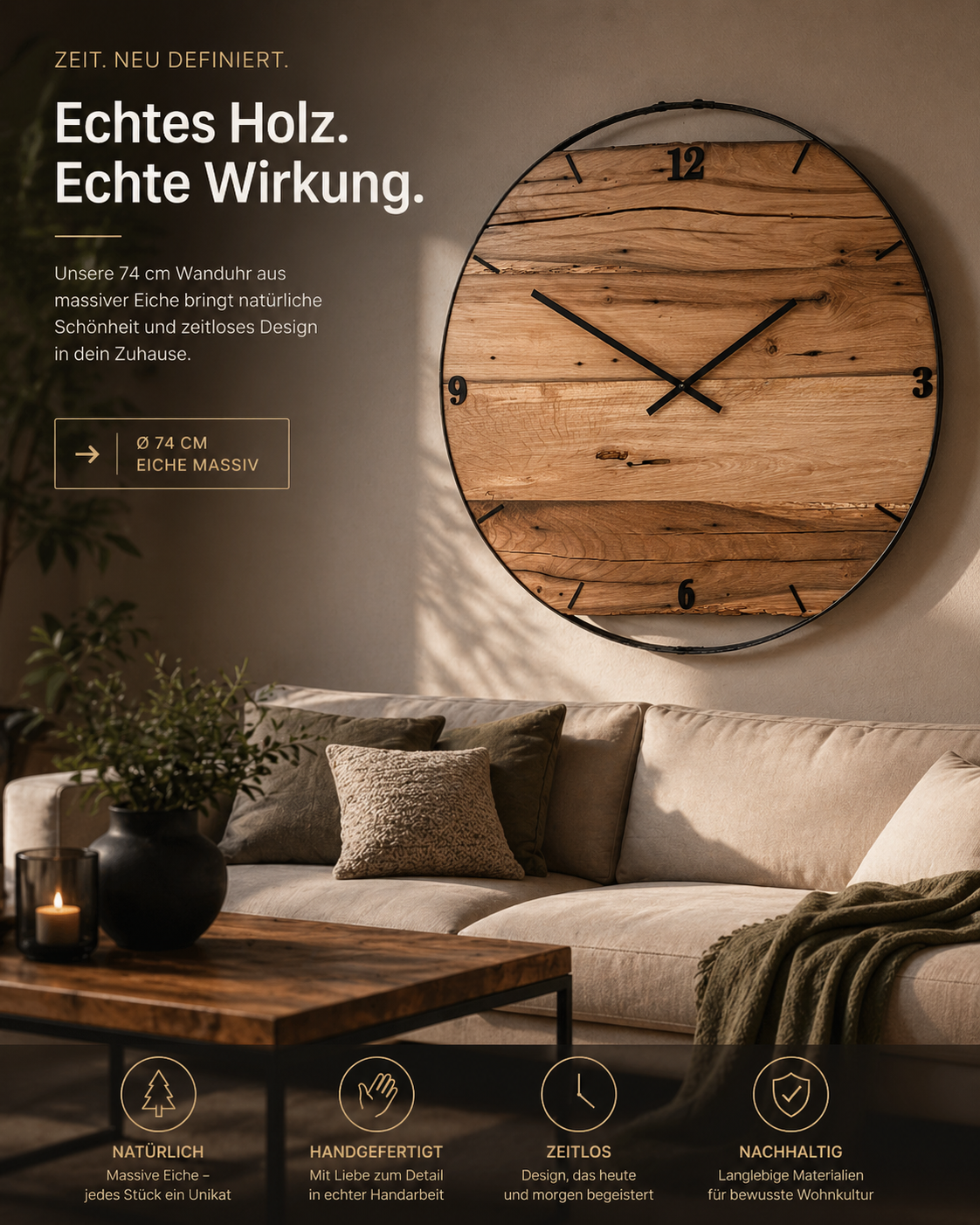 Handgefertigte XXL-Wanduhr aus Altholz-Eiche 74 cm mit Fassring – No. 564 – Seitenansicht