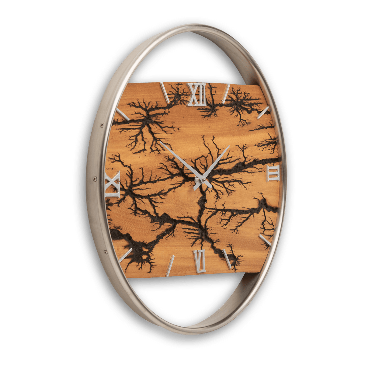 Handgefertigte Wanduhr aus Ulmenholz 45 cm mit Blitzstruktur – No. 108 – Detailansicht