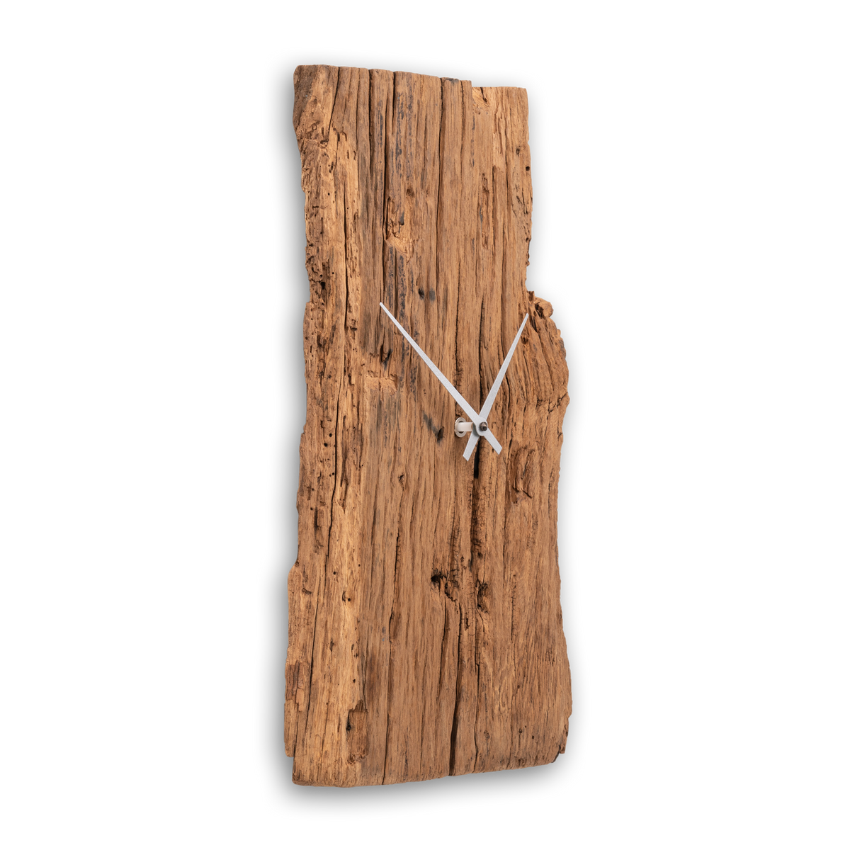 Handgefertigte Wanduhr aus Altholz-Eiche mit Edelstahlring – No. 386 – Detailansicht