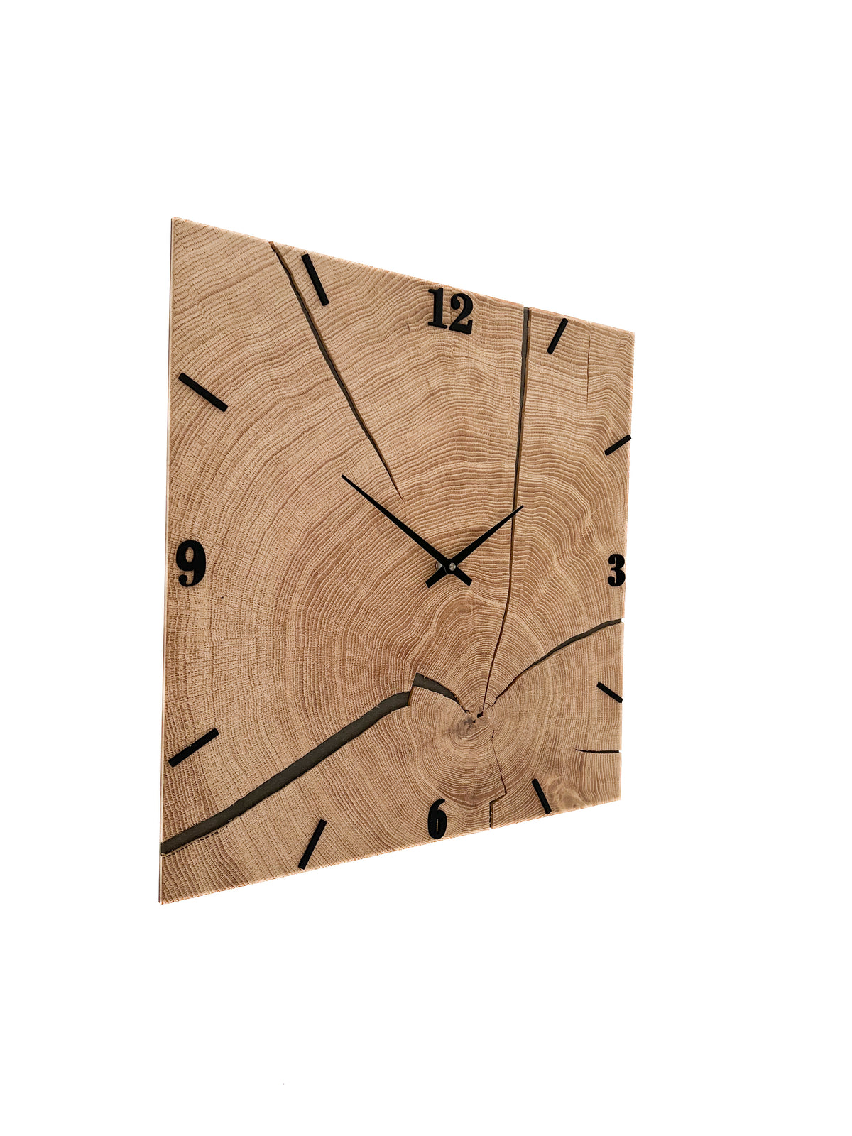 Handgefertigte Quadratische Wanduhr aus Eichenwurzelholz 43 × 43 cm – No. 278 – Seitenansicht