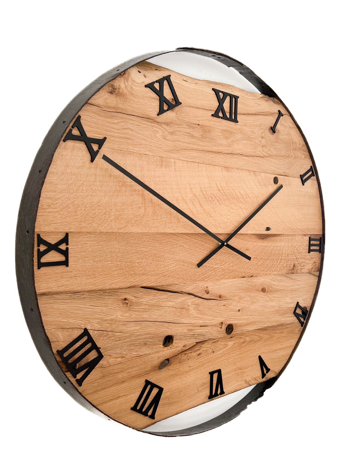 Handgefertigte XXL-Wanduhr aus Altholz-Eiche 83 cm mit Fassring – No. 388 – Weitere Ansicht 6