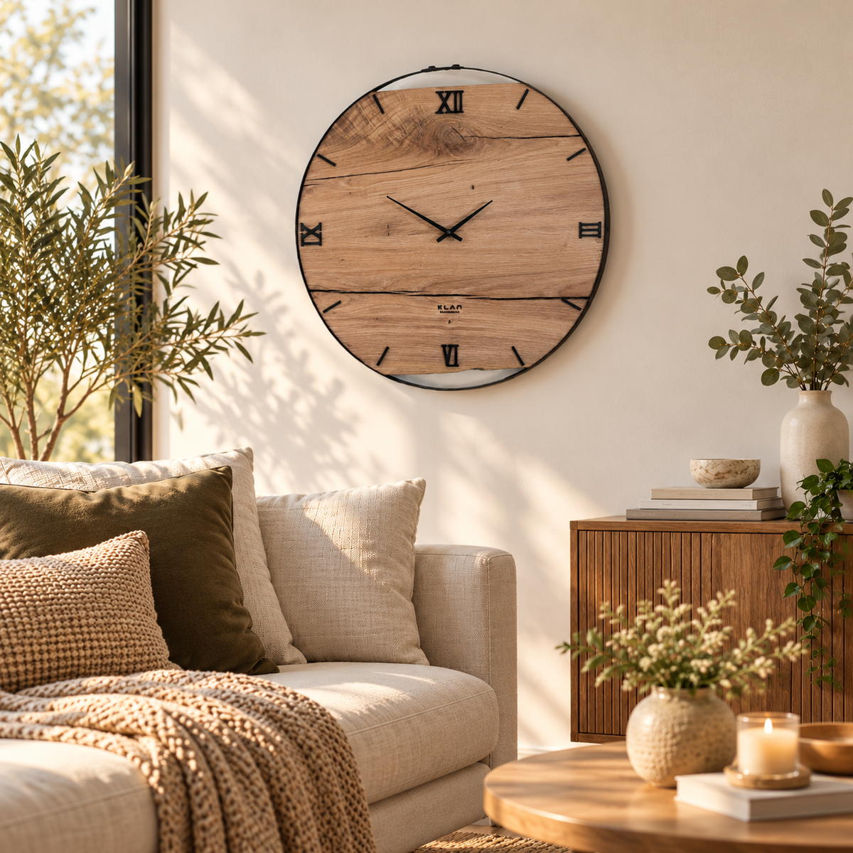 Wanduhr aus Altholz Eiche 55 cm mit originalem Weinfassring als rustikale Wanddekoration im Wohnzimmer