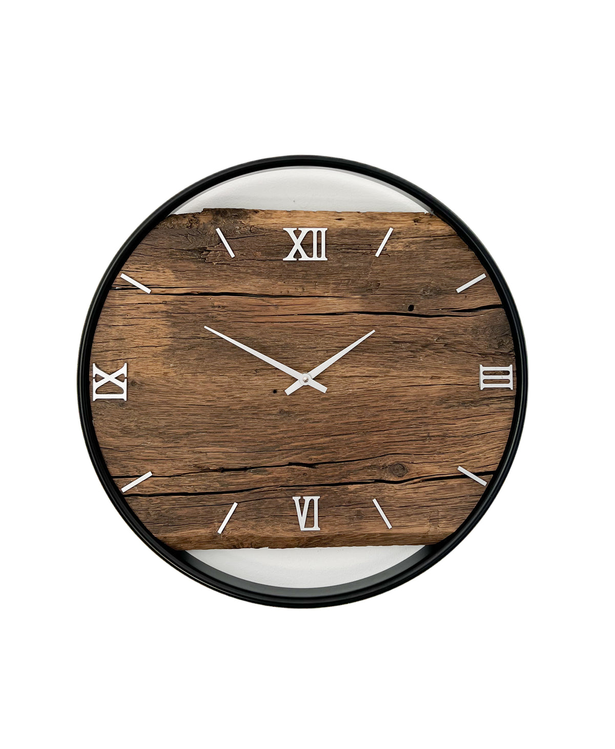 Handgefertigte Wanduhr aus Altholz-Eiche 45 cm mit Edelstahlring – No. 467 – Gesamtansicht