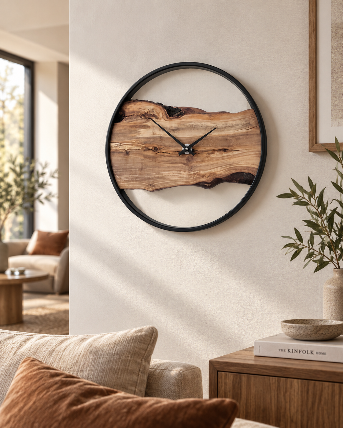 Handgefertigte Wanduhr aus Ulme 40 cm mit schwarzem Edelstahlring in modernem Wohnzimmer – Unikat NO 576