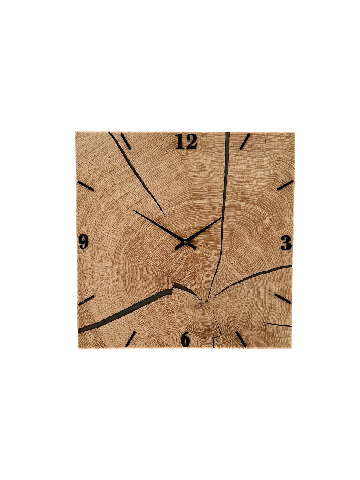 Handgefertigte Quadratische Wanduhr aus Eichenwurzelholz 43 × 43 cm – No. 278 – Gesamtansicht