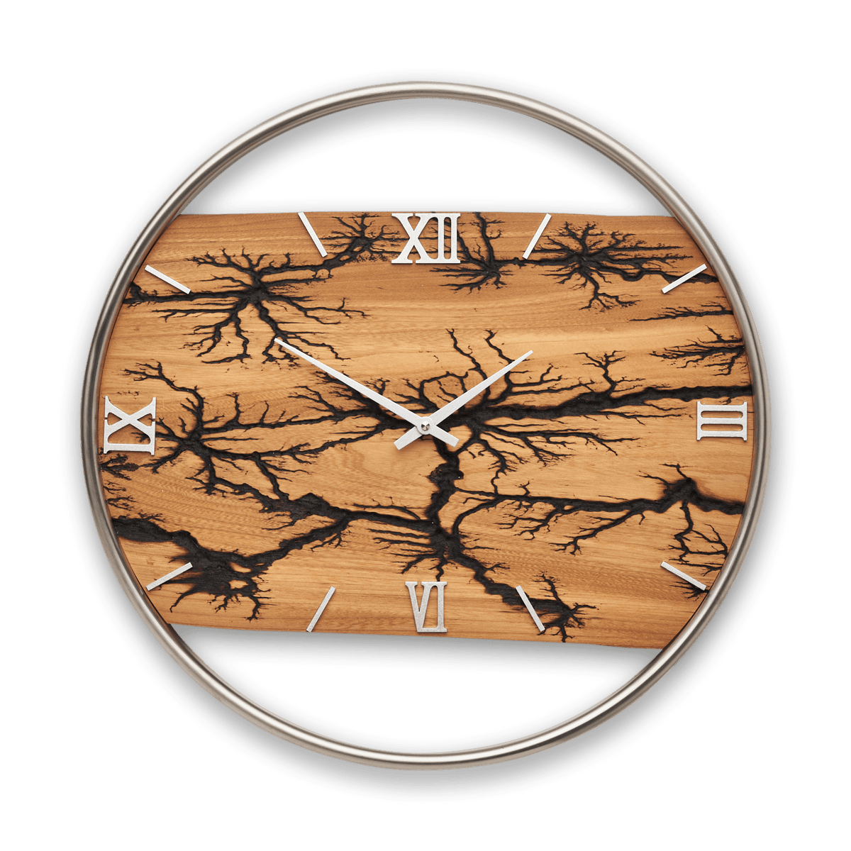 Handgefertigte Wanduhr aus Ulmenholz 45 cm mit Blitzstruktur – No. 108 – Gesamtansicht