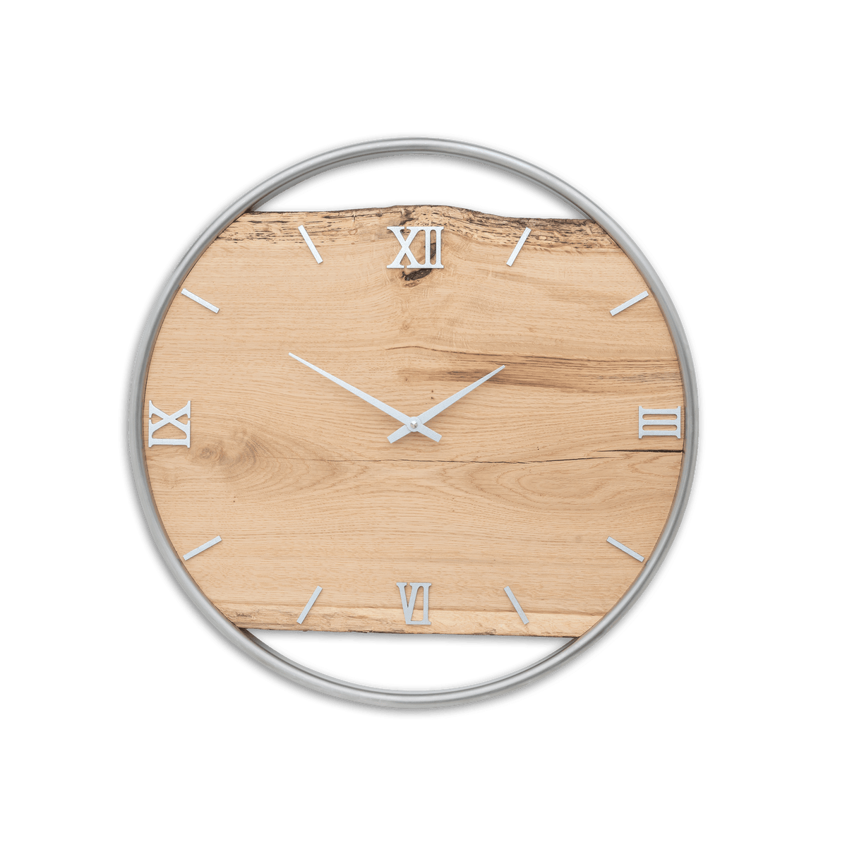 Handgefertigte Wanduhr aus Eiche 45 cm mit Edelstahlring – No. 170 – Gesamtansicht