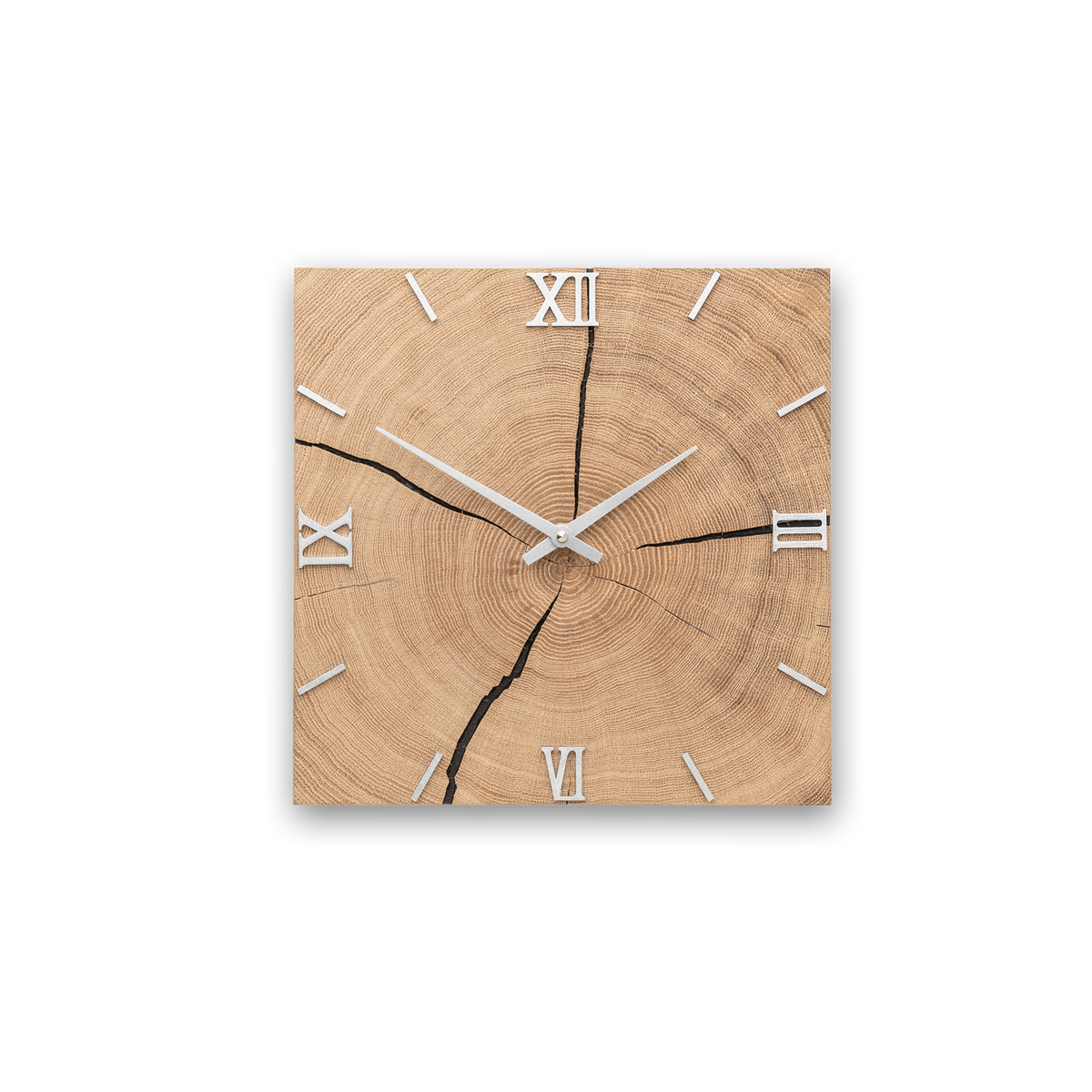 Handgefertigte Quadratische Wanduhr aus Eiche 30 × 30 cm – No. 260 – Gesamtansicht