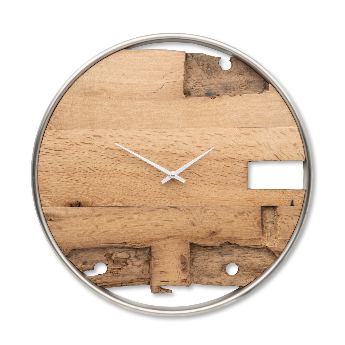 Handgefertigte Wanduhr aus Altholz-Eiche 50 cm mit Edelstahlring – No. 268 – Gesamtansicht