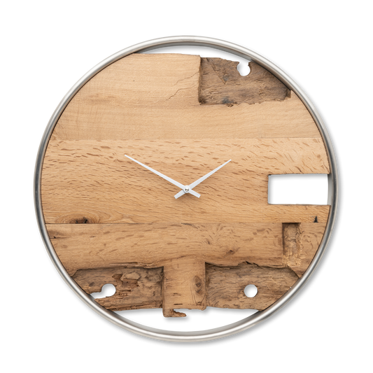 Handgefertigte Wanduhr aus Altholz-Eiche 50 cm mit Edelstahlring – No. 268 – Gesamtansicht