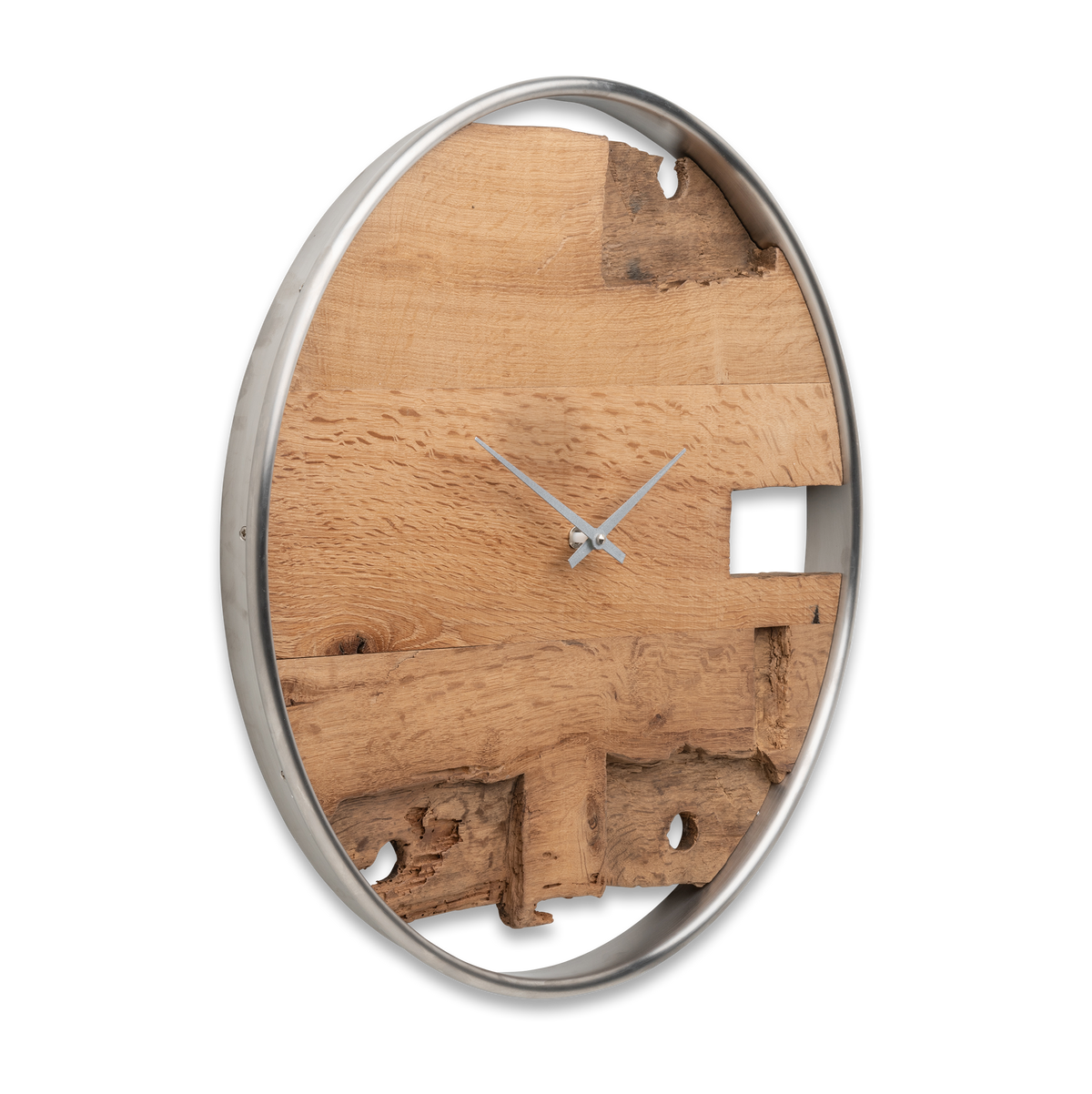 Handgefertigte Wanduhr aus Altholz-Eiche 50 cm mit Edelstahlring – No. 268 – Detailansicht