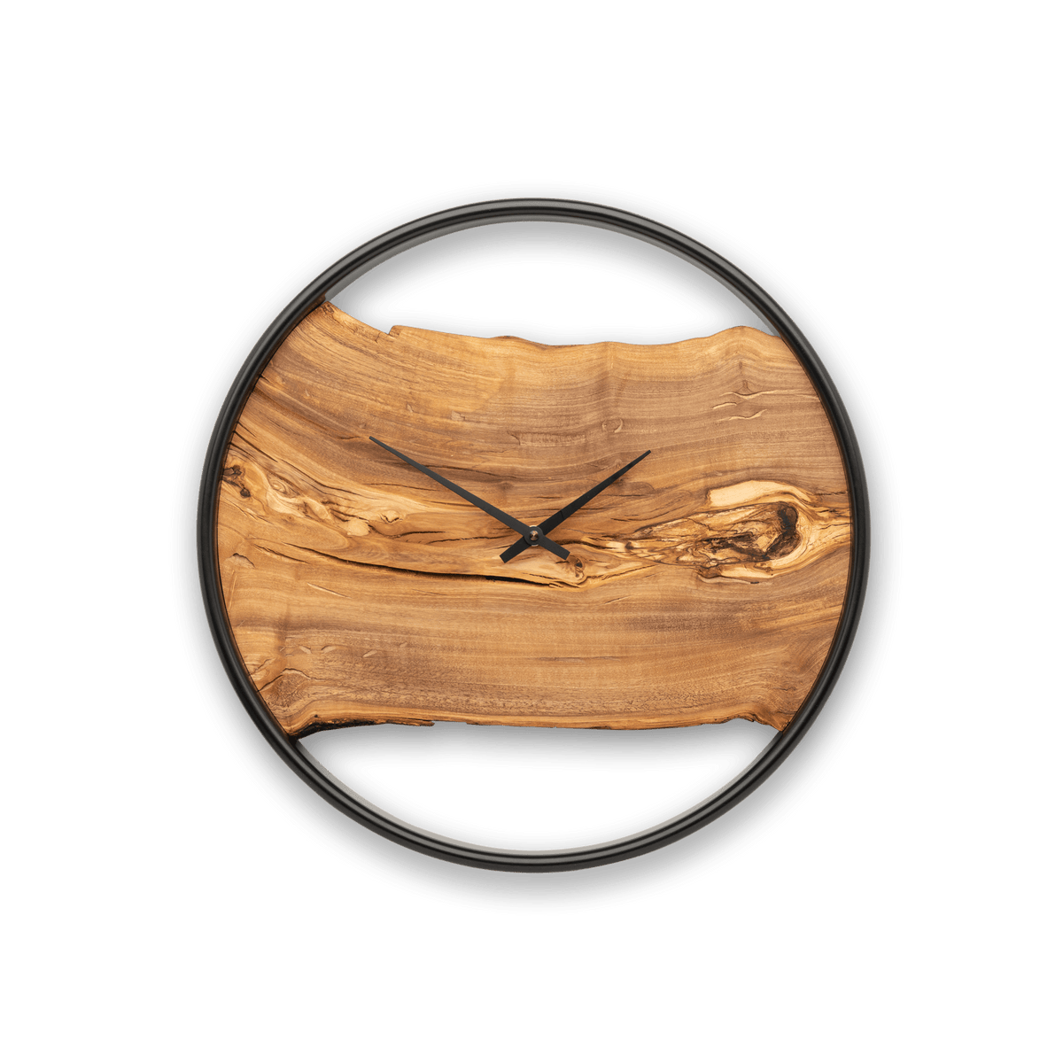 Handgefertigte Wanduhr aus Olivenholz 40 cm mit Edelstahlring – No. 317 – Gesamtansicht