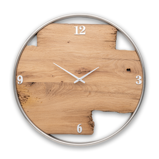 Handgefertigte Wanduhr aus Altholz-Eiche 50 cm mit Edelstahlring – No. 336 – Gesamtansicht