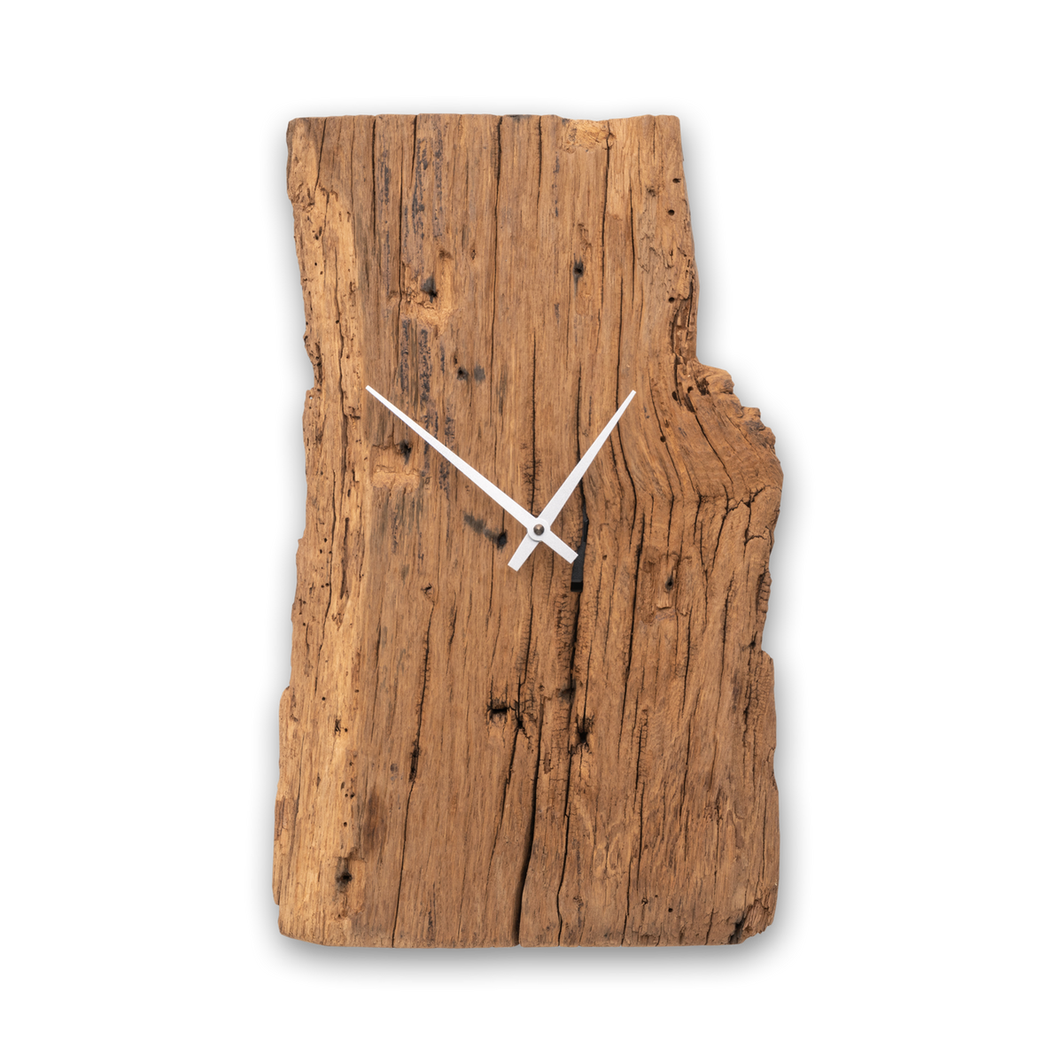 Handgefertigte Wanduhr aus Altholz-Eiche mit Edelstahlring – No. 386 – Gesamtansicht