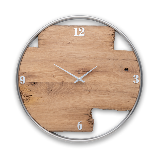 Handgefertigte Wanduhr aus Altholz-Eiche 50 cm mit Edelstahlring – No. 392 – Gesamtansicht
