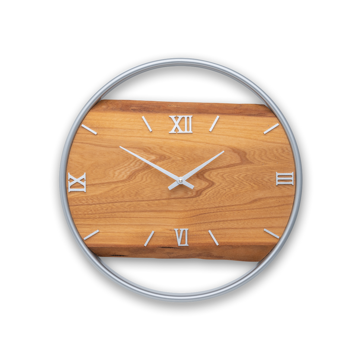 Handgefertigte Wanduhr aus Ulmenholz 40 cm mit Edelstahlring – No. 396 – Gesamtansicht