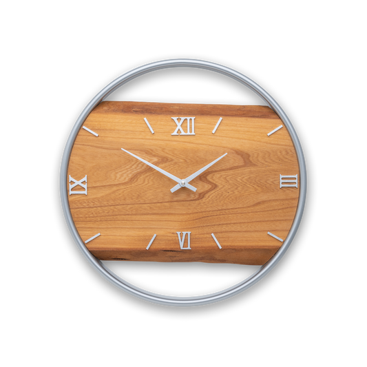 Handgefertigte Wanduhr aus Ulmenholz 40 cm mit Edelstahlring – No. 396 – Gesamtansicht