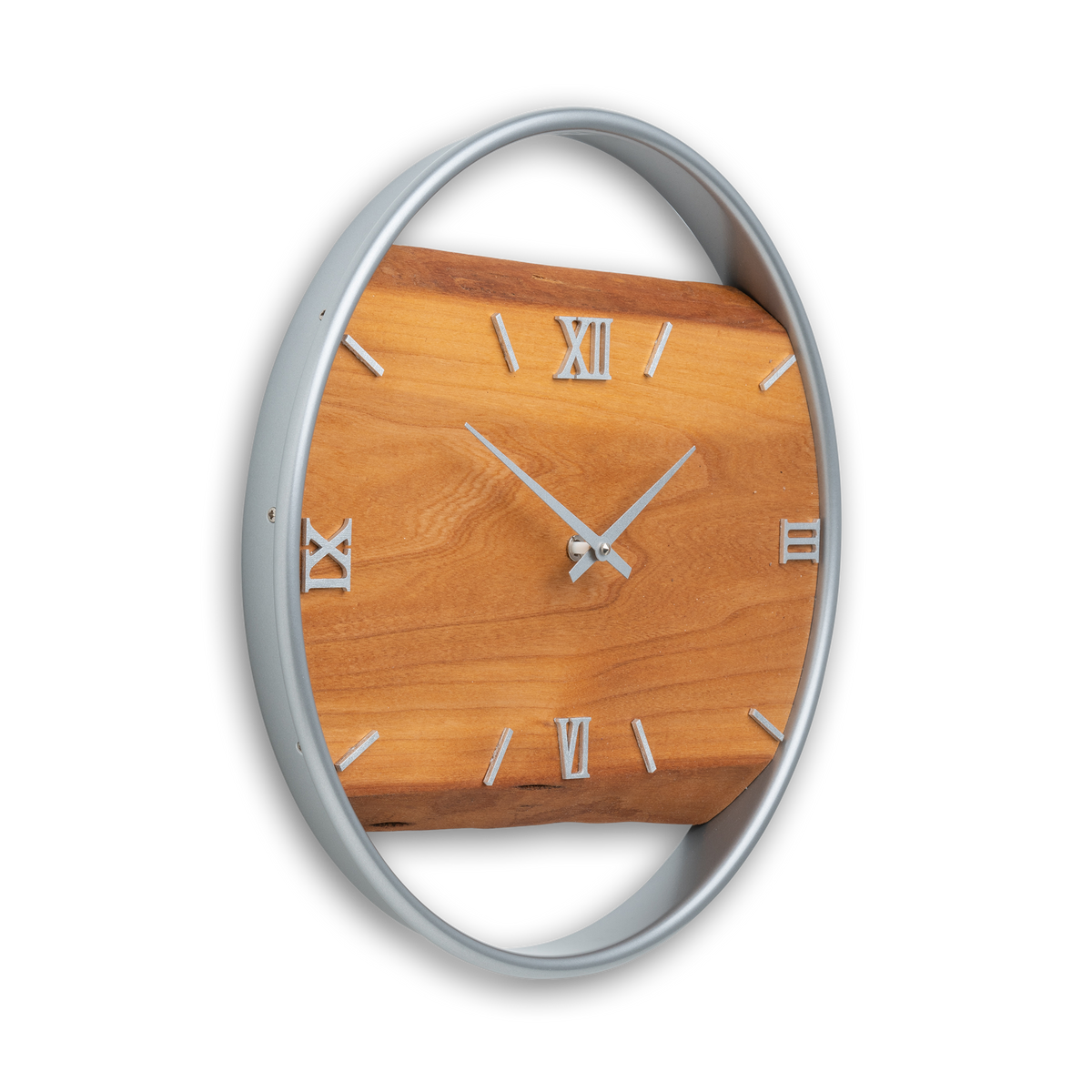 Handgefertigte Wanduhr aus Ulmenholz 40 cm mit Edelstahlring – No. 396 – Detailansicht