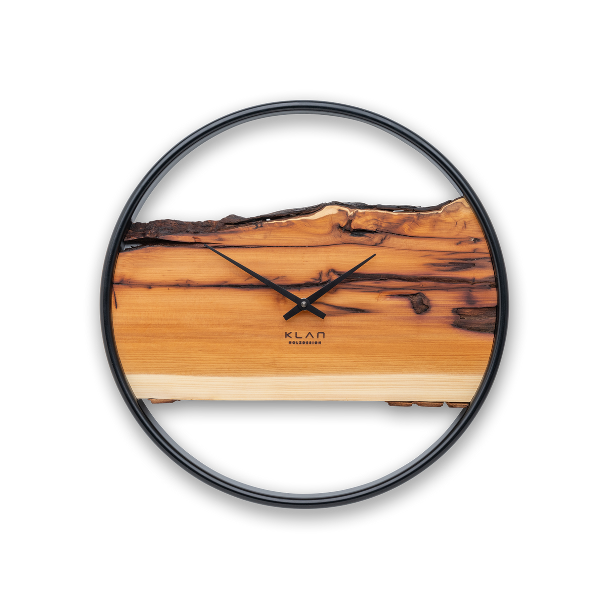 Handgefertigte Wanduhr aus Ulmenholz 40 cm mit Edelstahlring – No. 399 – Gesamtansicht