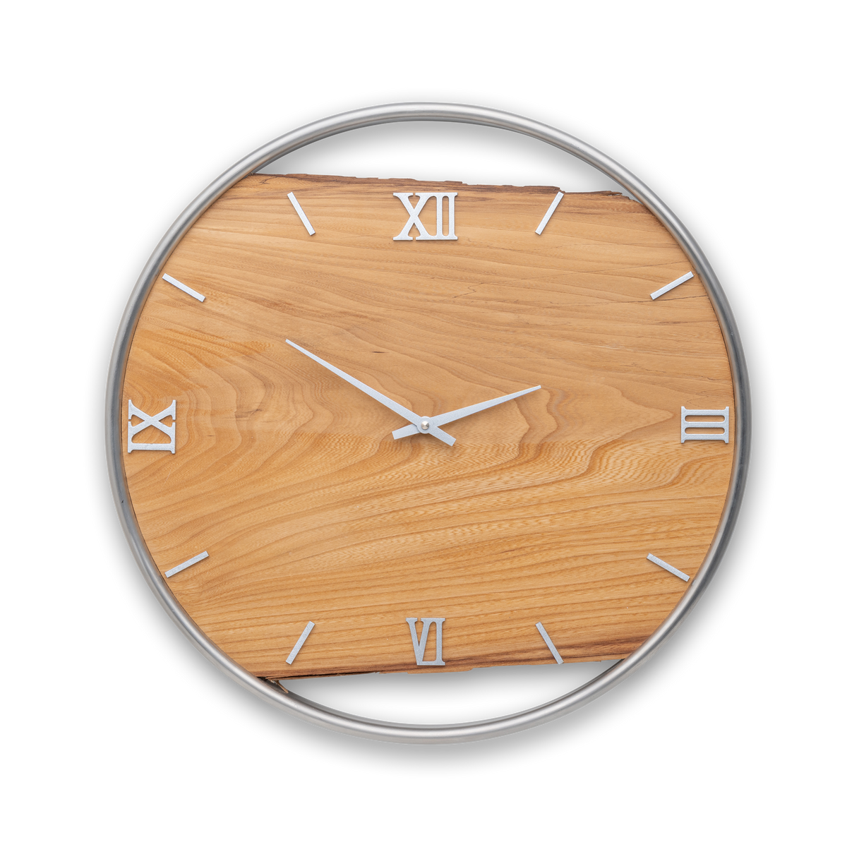 Handgefertigte Wanduhr aus Ulmenholz 45 cm mit Edelstahlring – No. 400 – Gesamtansicht