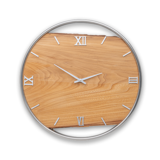 Handgefertigte Wanduhr aus Ulmenholz 45 cm mit Edelstahlring – No. 400 – Gesamtansicht