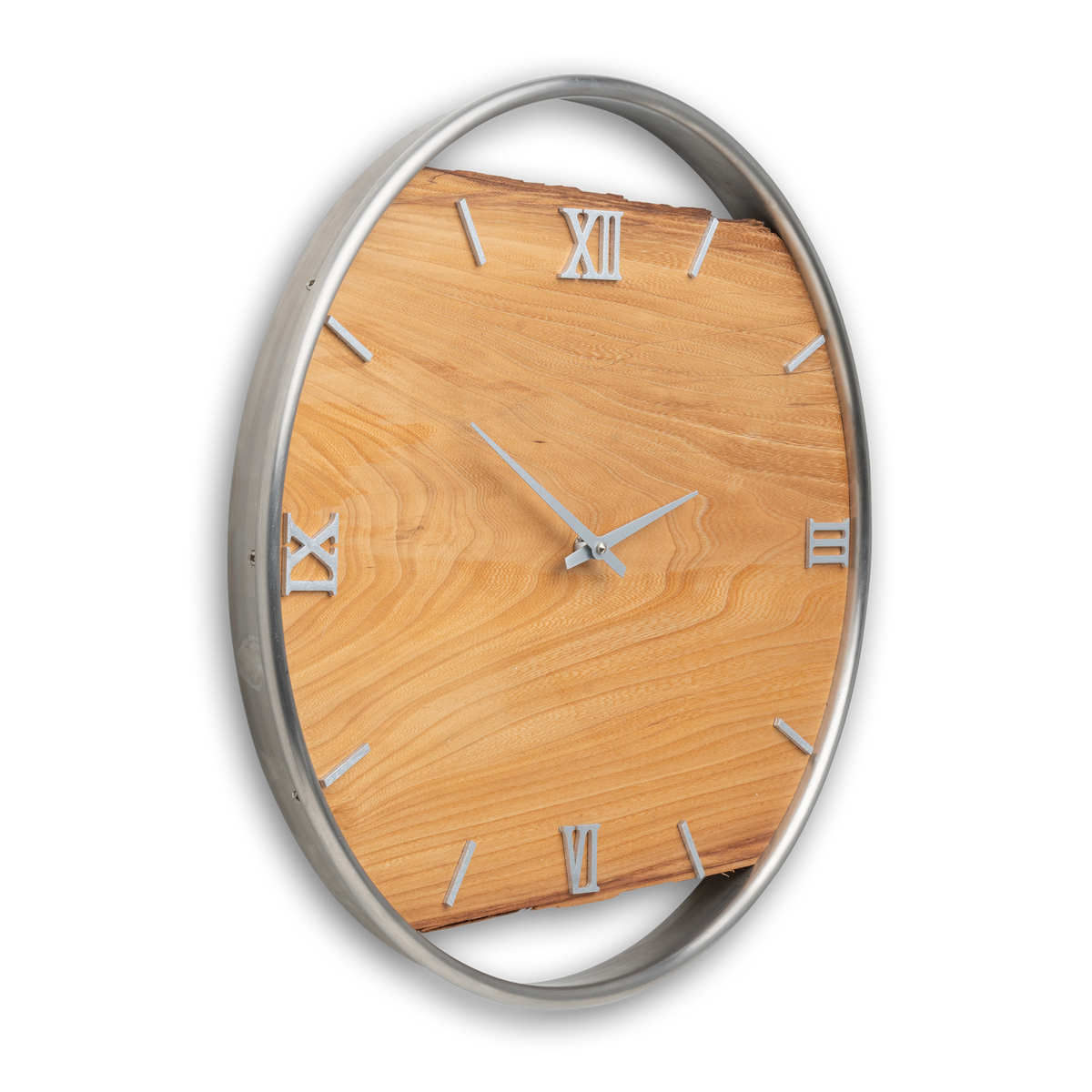 Handgefertigte Wanduhr aus Ulmenholz 45 cm mit Edelstahlring – No. 400 – Detailansicht