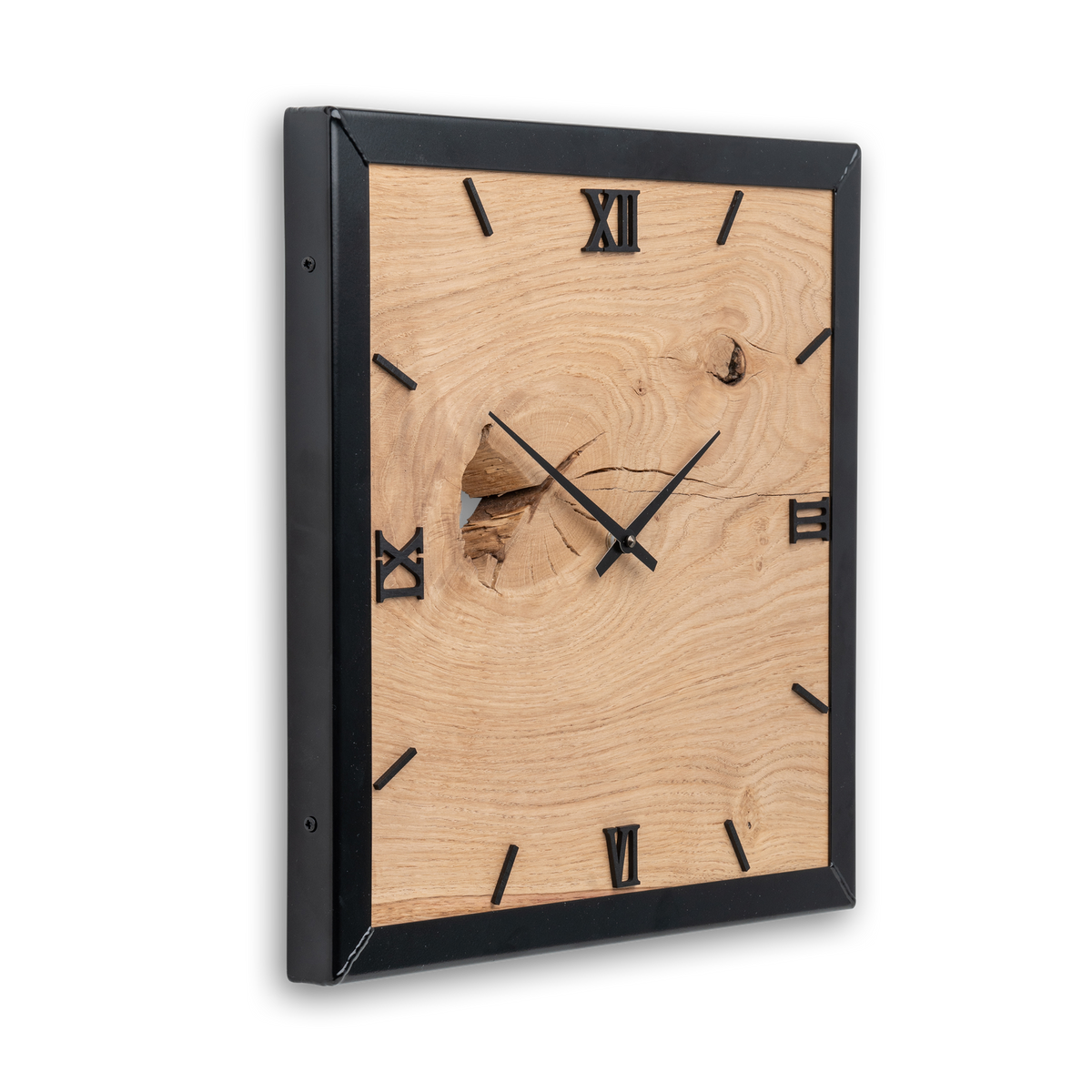 Handgefertigte Quadratische Wanduhr aus Eiche 40 × 40 cm – No. 408 – Detailansicht