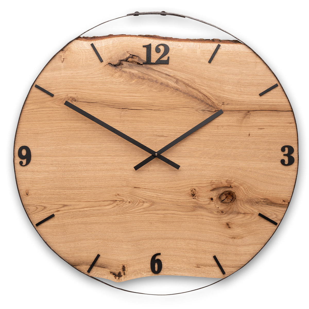 Handgefertigte XXL-Wanduhr aus Eiche 73 cm mit Edelstahlring – No. 462 – Gesamtansicht