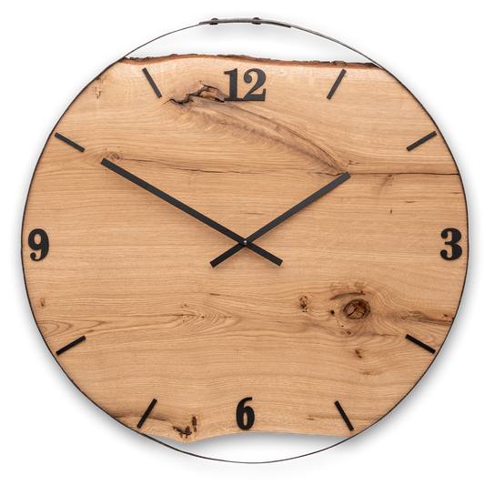 Handgefertigte XXL-Wanduhr aus Eiche 73 cm mit Edelstahlring – No. 462 – Gesamtansicht